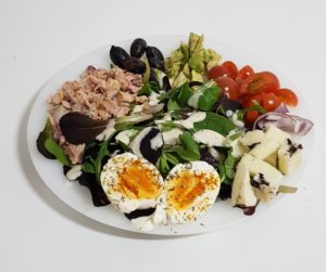 Keto Tuna Salad with Egg, Cherry Tomatoes and Olives