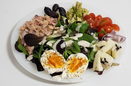 Keto Tuna Salad with Egg, Cherry Tomatoes and Olives