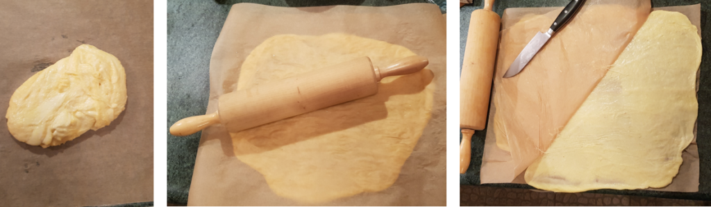 Place the dough between 2 sheets of parchment paper