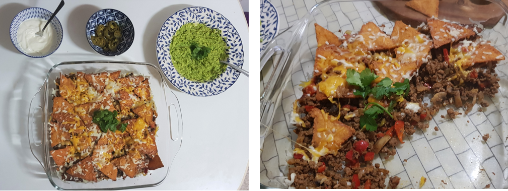 Keto Nachos with Ground Beef, Guacamole and cream