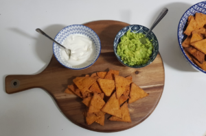 Keto Tortilla Chips with Guacamole and Creme Fraiche