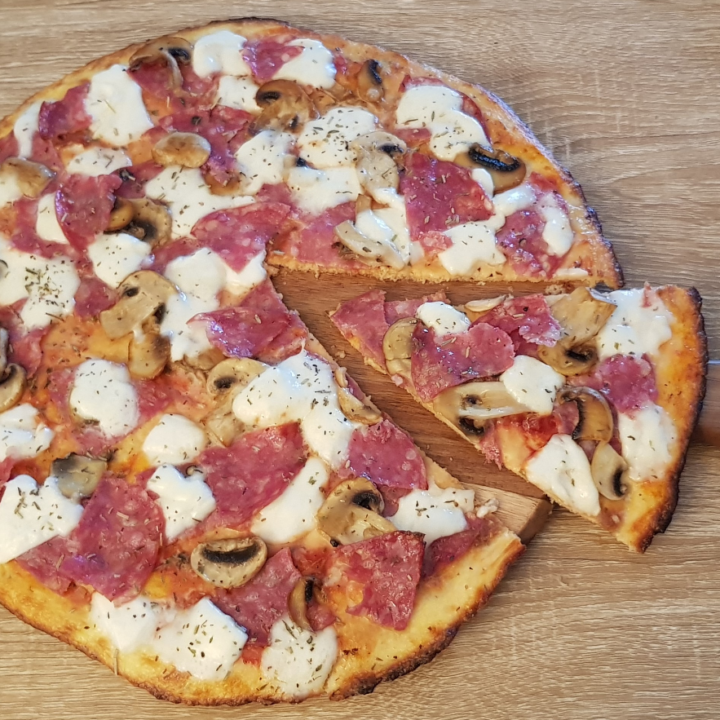 Keto Pizza with Salami and Mushrooms
