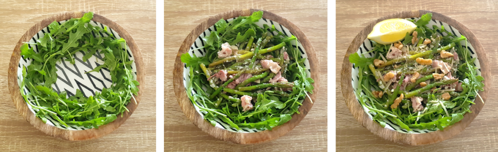 Assemble the keto salad with asparagus