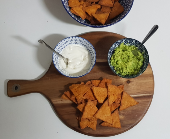 Keto Tortilla Chips with Guacamole and Creme Fraiche