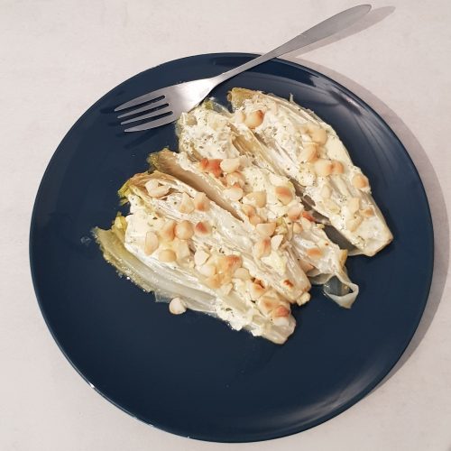 Keto White Chicory with garlic herb cheese and macadamia nuts